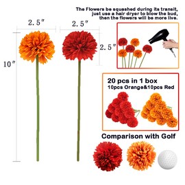 Blooming Paradise 20Pcs Artificial Fake Flower Plants Silk Chrysanthemum Ball Hydrangea Arrangements Wedding Bouquets Decor Home Kitchen Garden Party Table Floral centerpieces DIY (Red&Orange)