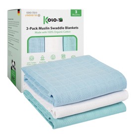 Kolo Muslin Cloths for Babies, Set of 3, 70 x 70 cm, Soft, Absorbent, Cotton, Oeko-Tex® Standard 100, Light Blue/Blue/White