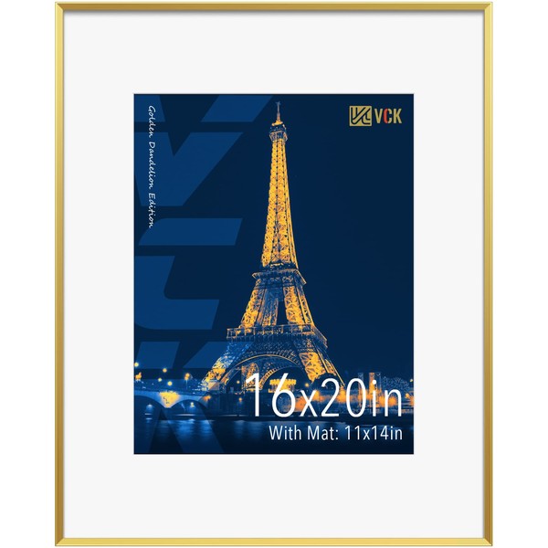 VCK 16x20 Aluminum Picture Frames for Wall, Gold Metal Poster Frames with Real Glass, 11x14 with Mat 16x20 without Mat (1 Pack)