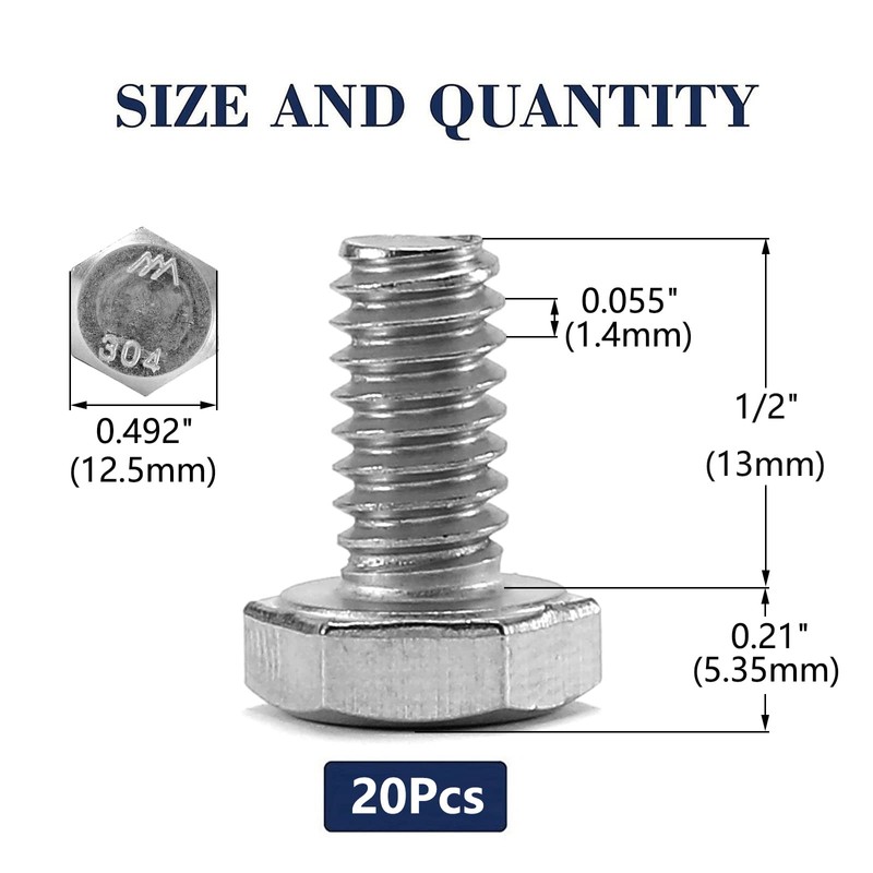 5/16-18 x 1/2" Hex Head Screw Bolt, 20Pcs 18-8 (304)