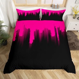 Feelyou Kids Hot Pink Black Bedding Set Queen Size Ombre Stripes Duvet Cover Set for Boys Teens Decor Abstract Art Comforter Cover Set Modern Design Bedspread Cover Bedroom Geometry Quilt Cover 3Pcs