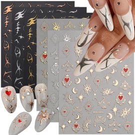 Heart Star Moon Fishbone Nail Stickers for Nail Art, Heart Star Fishbone Nail Decals 3D Self-Adhesive Holographic Glitter Nail Art Design Sticker Heart Star Nail Charms for Nail Art IY Decoration Kit