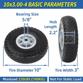 10x3.00-4 Flat Free Tire, 10" Heavy Duty Replacement Tire and Wheel Assemblies, Compatible Cosco Hand Trucks and Trolley Carts, 5/8" Axle Bore Hole, 2.2" Offset Hub, 2-Pack