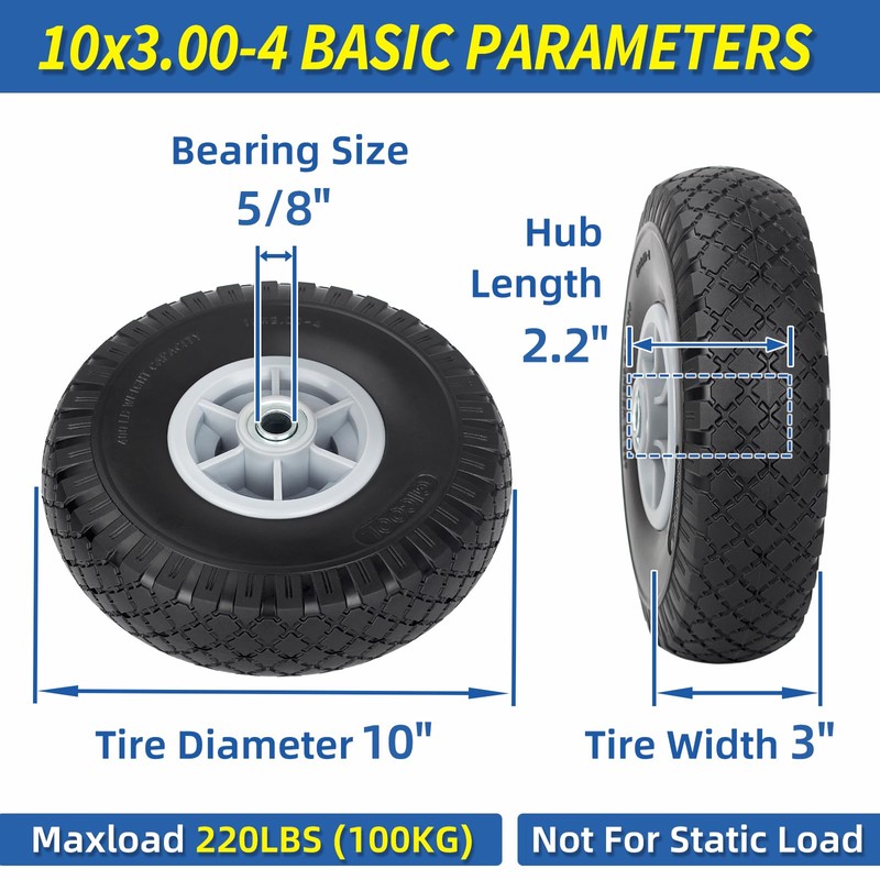 10x3.00-4 Flat Free Tire, 10" Heavy Duty Replacement Tire and