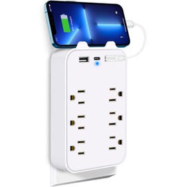 Multicontacto de Pared, Protector de Sobretensión de Pared con Extensor de 6 Tomas con 3 Puertos USB (1 USB-C), Regleta Multicontacto Extensiones Eléctricas Enchufe de pared para Oficina Casa