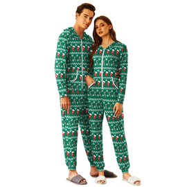 Ekouaer Christmas Matching Onesie for Couples Zipper One Piece Pajamas Adult Hooded Jumpsuit with Pockets Christmas Socks M