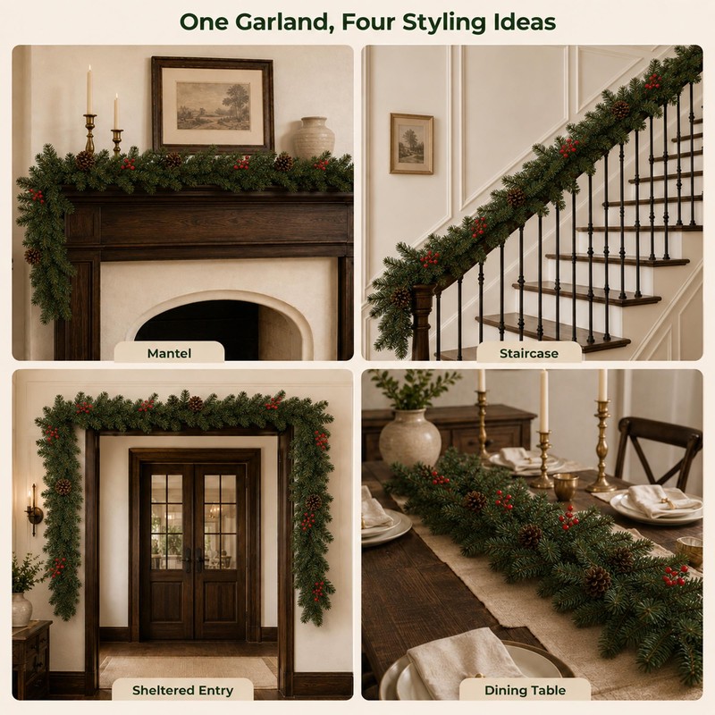 9 FT Artificial Christmas Garland with Berry and Pinecone Accents