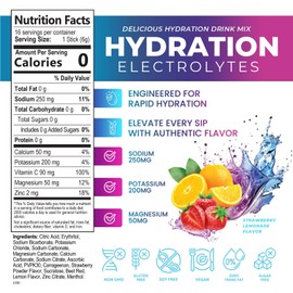 Electrolyte Hydration Packets - Best Electrolytes Drink Mix - Sugar Free Formula with Sodium, Potassium, Magnesium, Zinc & Vitamin C for Dehydration Relief and Rehydration, Strawberry Lemon (16 Pack)