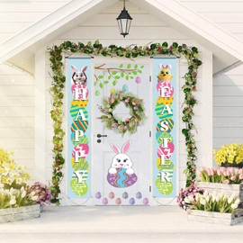 1 pair of Easter party supplies - Happy Easter porch sign Hello chicks, welcome banner at the front door, spring themed bunny door decoration D004