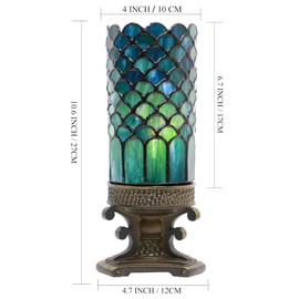 LXHCYOU Small Tiffany Lamp Mini Stained Glass Table Lamp Candle Desk Night Light Bronze Resin Base 4" D x 4" W x 10.5" H (Fishscale Style)