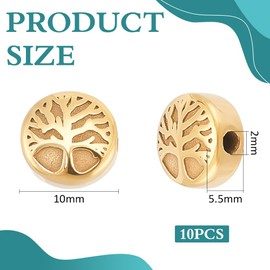 HOBBIESAY 10pcs Flat Round Beads with Tree of Life 10mm 304 Stainless Steel Beads Golden Round Beads Spacer Beads for DIY Bracelet Necklace Jewelry Making Bore Size 2mm