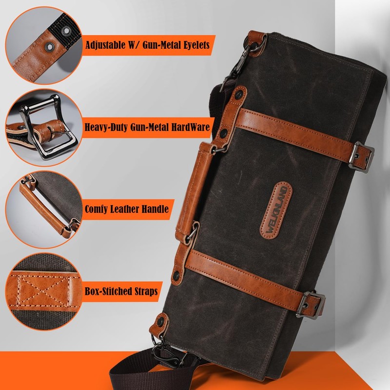 WELKINLAND 13-Pocket Knife Roll, Waxed-Canvas Leather Knife Roll Bag, Heavy-Duty