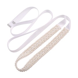 Fubney Crystal Bridal Belt Handmade Pearls Wedding Sash Belts Bridesmaid Sash for Women's Dress (white)