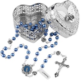 HanlinCC 6mm Blue Glass Pearl Beads Catholic Rosary Necklace with Metal Heart Rose Gift Box (Blue)