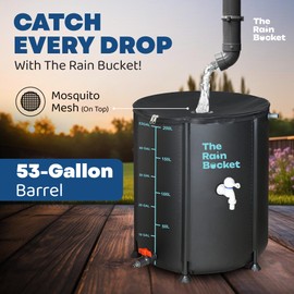 RAIN Bucket 53-Gallon Collapsible Rain Barrel – Weatherproof Rainwater Collection System for Gutter with Spigots, Mosquito Mesh & PVC Support Rods–Portable Water Storage Tank for Garden & Outdoor Use