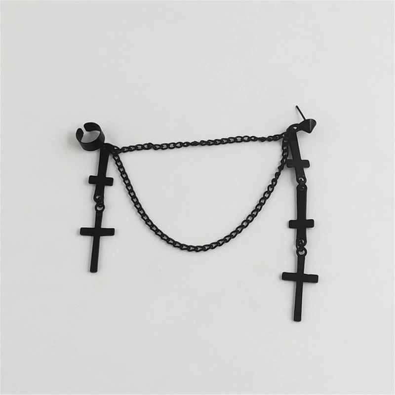 2Pcs Punk Layered Cross Long Threader Tassel Link Chain Dangle