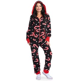 Tipsy Elves Christmas Onesies for Adults - Comfy Unisex Matching Holiday Jumpsuits with Convenient Pockets - Black Candy Cane Lane Christmas Jumpsuit Size Medium
