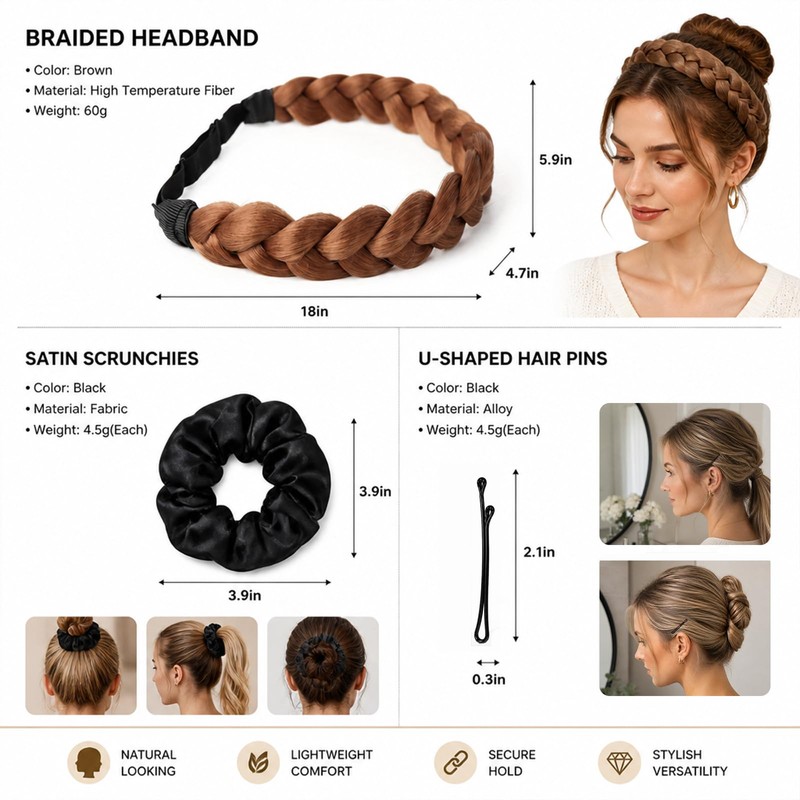Braided Headband Set - Braided Headband - Satin Scrunchie -
