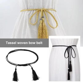 ECSiNG 2PCS Women Belt Skinny Tassel Braided Waist Belt Thin Ladies Belts 165cm for Dress Overall Skirt Jumper Clothes Decorative Woven Belt (1 Black & 1 Yellow), Multicoloured, 165cm