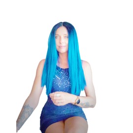 MZ-RZCX Straight Wigs Lace Front Closure Synthetic Straight Hair Wigs Long Blue Wigs for Black Women Pre Plucked with Baby Hair Fiber Wig for Video Shooting Online Courses 150% Density (19.5 Inches)