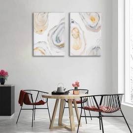 HKMXCD 2Pcs Oyster Canvas Wall Art Abstract Coast Wall decor watercolor pictures Minimalist oyster shell prints Beach shell painting artwork for Dining room gallery Home Decoration,12x16in