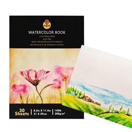 Belegao Watercolour Paper Pad A4 30 Sheets, Natural White 300gsm Cotton Watercolor Sketchbook Glue Bound Cold-Pressed Textured for Artists Students Art Painting Drawing Mixed Media(Medium Grain)