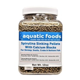 Aquatic Foods Inc. Calcium Blocks included in These Spirulina Sinking Pellets for Shrimp, Snails, Crabs, Catfish, Plecos for All Tropical Fish 1/16" x 3/8" Pellets by Zeigler.12oz Small Jar
