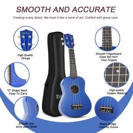 Soprano Ukulele Beginner Kit for Kids Adult Student 21 Inch Ukelele w/Free Online Lesson Gig Bag Strap String Tuner Songbook Pick Polishing Cloth, Rainbow Series Ukalalee(Shinny Blue）