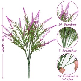DEMIUKO 10 Bundles Artificial Plants Outdoor Fake Lavender Flowers, UV Resistant Faux Lavender Shrubs Fake Plants Plastic Greenery for Indoor Outdoor Wedding Table Arrangement Decor (Fuchsia, 10PCS)