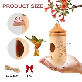 Hummingbird House, Solid Wood Hummingbird Houses for Outside-Exquisitely Handcrafted Birdhouse with Bow and Jute String Hanging Kit, Durable Garden Decor, Perfect Gardening Gift (Style-A, 1 Pack)