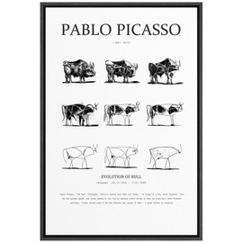 SIGNLEADER Framed Canvas Print Wall Art Pablo Picasso Evolution of Bull Animals Nature Illustrations Fine Art Rustic Scenic Relax/Calm Duotone Dark for Living Room, Bedroom, Office - 16"x24" Black