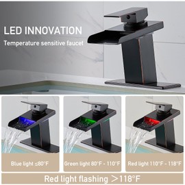 AVSIILE LED Bathroom Sink Faucet, Oil Rubbed Bronze Waterfall Single Hole Handle Vanity Faucets for Sinks 1 Hole with Metal Pop Up Drain and 2 Water Supply Lines, Stainless Steel Spout