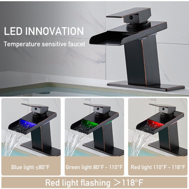 AVSIILE LED Bathroom Sink Faucet, Oil Rubbed Bronze Waterfall Single