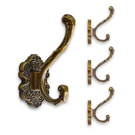 Dylrauoza Aluminum Antique Brass Coat Hooks Wall Mount - Heavy Duty Rustproof Decor for Hanging Jackets, Hats & Towels - Easy Install Kit for Bathroom, Bedroom & Entryway, 4pcs