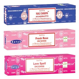 Satya Love Mix Incense Sticks 3-Pack Assortment | Slow-Burning, Long-Lasting Nag Champa, Fresh Rose & Love Spell (15g Each)