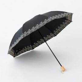 Parasol, UV Protection, 100% Light Blocking, Thermal Blocking, Folding Umbrella, For Both Sunny and Rainy Weather, Laminated Fabric, Cool Plus, leaf embroidery black