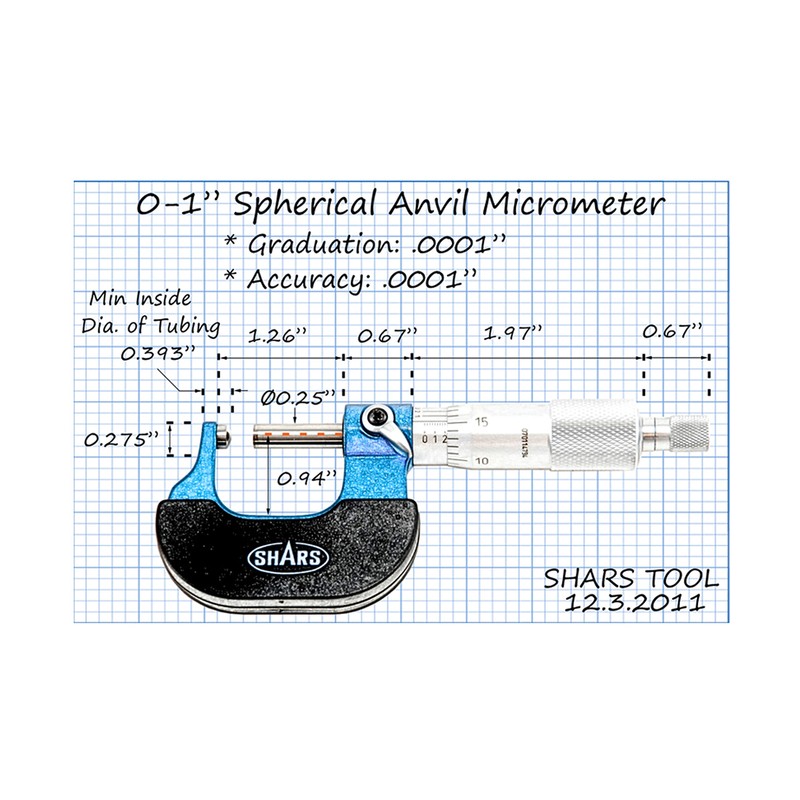 Shars 0-1" Ball Anvil Flat Spindle Micrometer, Carbide Thickness 303-2360