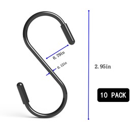 10 Pack 3" Heavy Duty Vinyl Coated S-Hooks for Hanging Plants, Closets, Gardens, Bird Feeders, Clothes, Hats, Bags, Pots (Black)