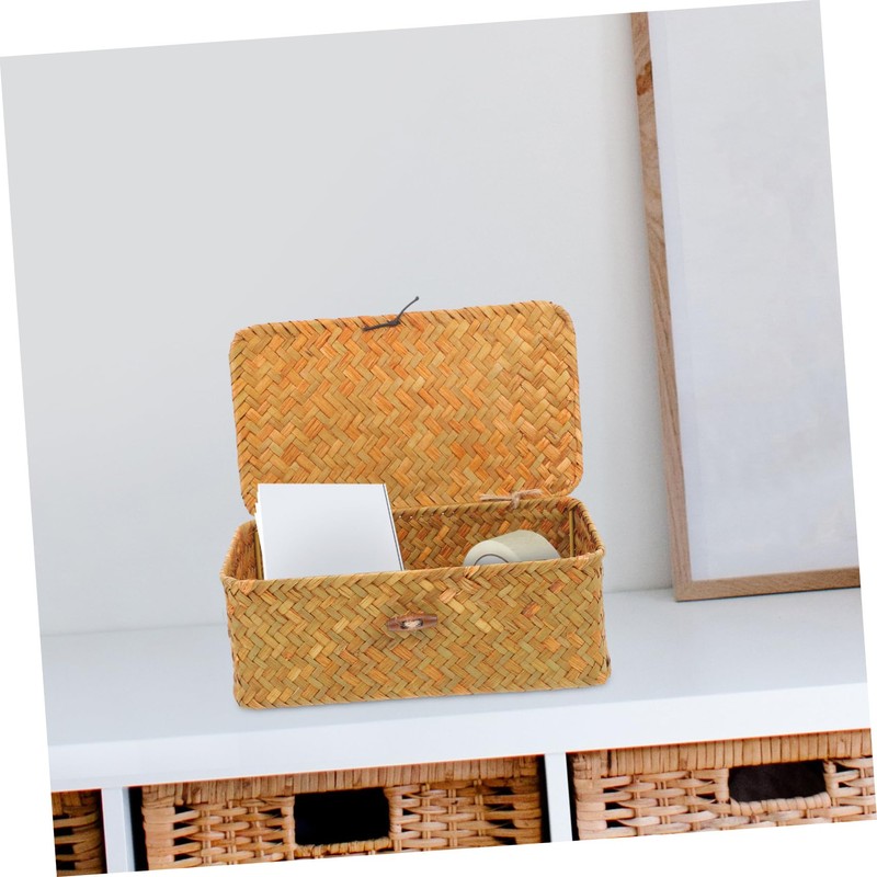ABOOFAN Straw Woven Basket with Lid Small Sundries Storage Box