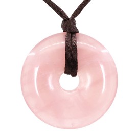 Keleny Natural A Grade Rose Quartz Gemstones 40mm Circle Peace Donut Beads Pendant Brown Braided Rope Necklace 22 Inch