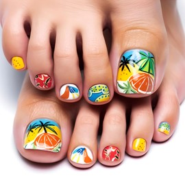 LWTZLW Summer Press on Toenails Short Square Color False Toe Nails Cute Orange Fruit Glue ons Toe Nail Coconut Tree Glossy Acrylic Pressed on Fake Toenails Decorations Reusable for Women