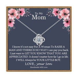Ieftop Mom Necklace Gifts for Mom, 14K White Gold Plated Cubic Zirconia Love Knot Necklace Mother Day Jewelry Gifts from Son Mom Gifts Necklace Valentines Day Birthday Christmas Gifts for Mom