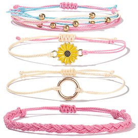 FANCY SHINY Sunflower String Bracelet Handmade Braided Rope Charms Boho Surfer Bracelet for Women(Pink)