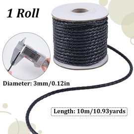 SUNNYCLUE 11 Yards/10M Black Braided Leather Cord Bolo Leather Cord Rope 3mm Round Cowhide Leather Folded Braiding Tie Strap Cords for Jewellery Making Necklaces Bracelets Lanyards Supplies DIY Crafts