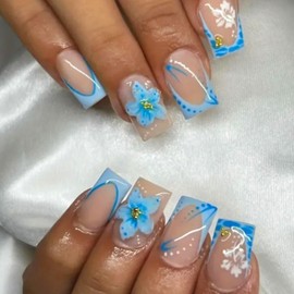 24Pcs Blue Flower Press on Nails Short Square French Tip Fake Nails with Gold Rhinestones Flower Core Design Spring Summer False Nails Cute Stick on Nails Full Cover Artificial Glue on Nail for Women