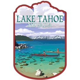 Die Cut Sticker Lake Tahoe, Nevada, Kayakers in Cove, Contour Vinyl Sticker 3 to 6 inches, (Waterproof Decal for Cars, Water Bottles, Laptops, Coolers), Large