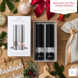 Electric Salt and Pepper Grinder Set - Matte Black Battery Operated Salt & Pepper Mills with Light (Pack of 2) - Automatic One Handed Operation with Adjustable Ceramic Grinders