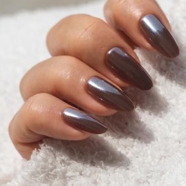 Uñas postizas de almendra con pegamento esmaltado cromado marrón, manicura de calidad de salón para mujer, 15 tamaños, 30 unidades