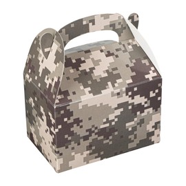 Restaurantware Bio Tek 4 x 2.5 x 2.5 Inch Gable Boxes For Party Favors, 100 Attractive Gift Boxes - Camouflage Print, With Built-In Handle, Paper Barn Boxes, Disposable, For Parties