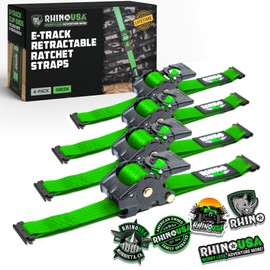 Rhino USA E Track Retractable Ratchet Tie Down Straps - 3033lb BreakStrength - Only for E Track Rail Systems. 4 Premium 2" x10' eTrack Tie Downs-Heavy Duty eTrack Cargo Strap System for Trailer-Green